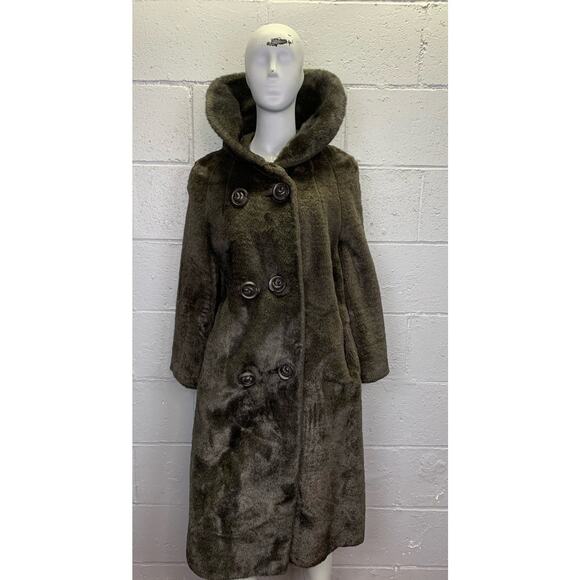 Vintage 1960s Brown Faux Fur Double Breasted Coat Small - Picture 1 of 10